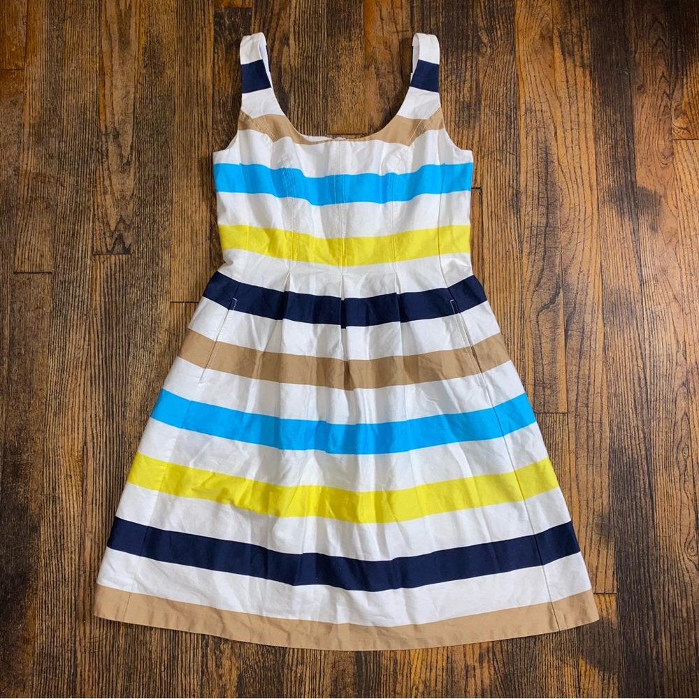 Nine West Striped Dress white, blue, yellow, khaki, & turq size 6 with pockets